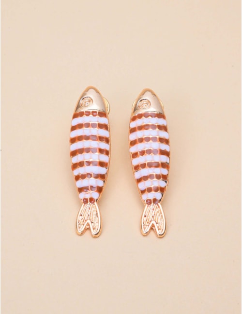 BRINCO DE OURO PEIXE ESMALTADO BRANCO LISTRAS MARROM - BR29272VO244