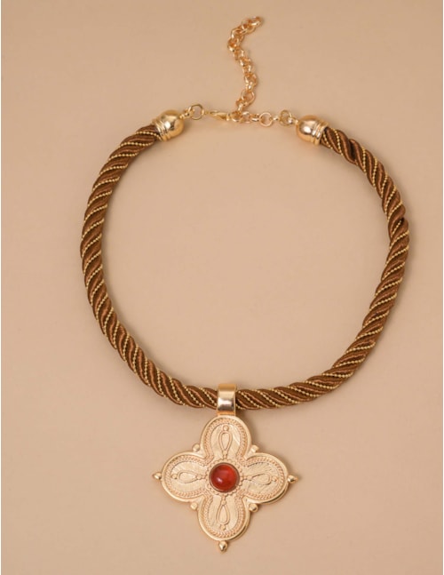 COLAR  MEDALHA PEDRA  AGATA VERMELHA - CO29217