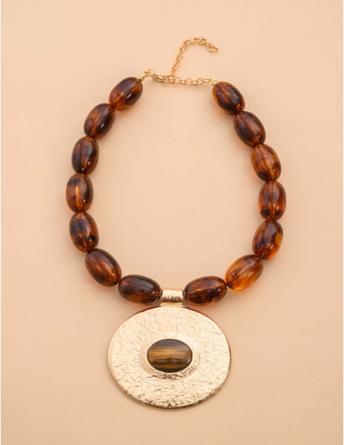 COLAR OVAL OURO PEDRA OLHO DE TIGRE - CO29137VO04