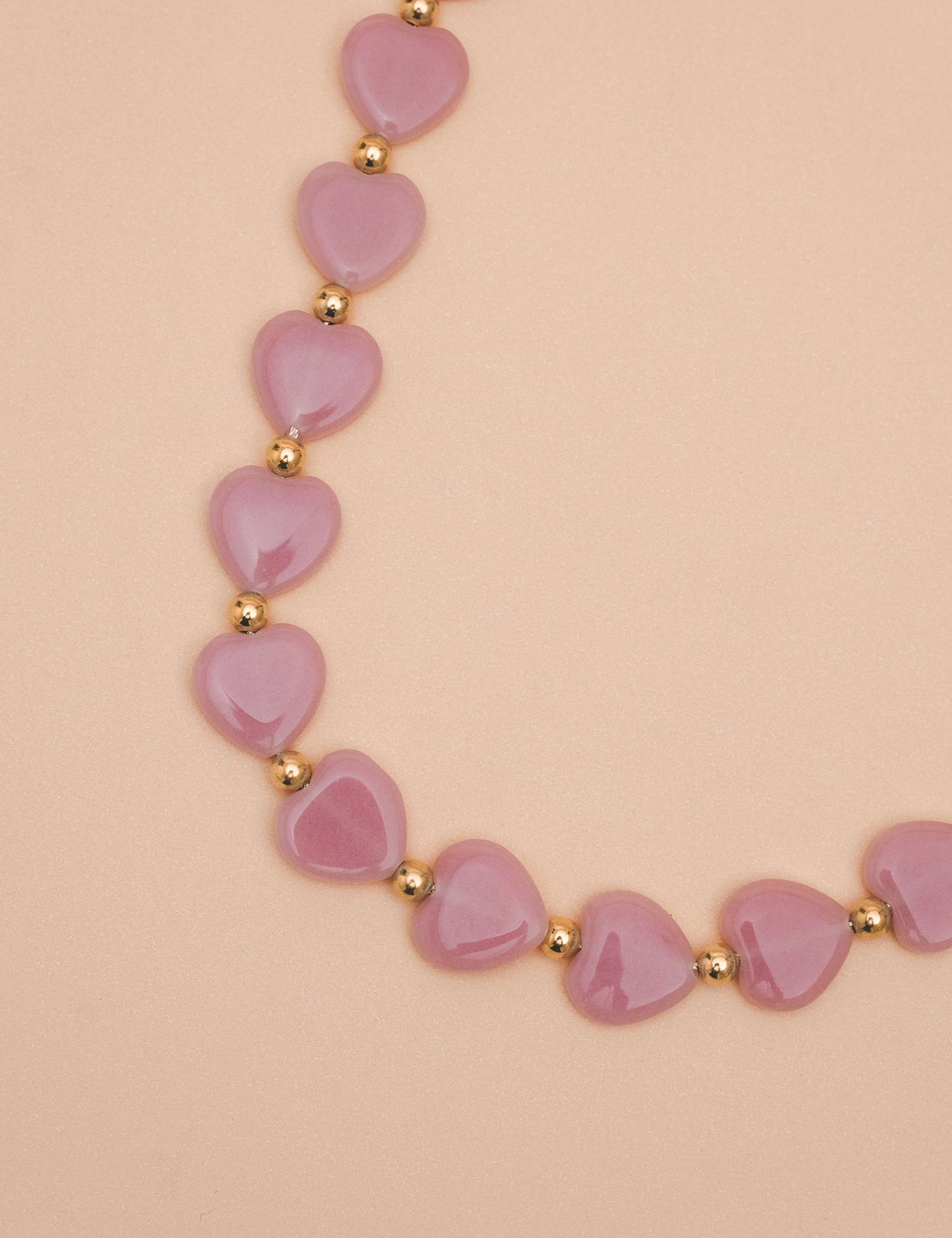 COLAR PEDRA NATURAL CORAÇÃO ROSA