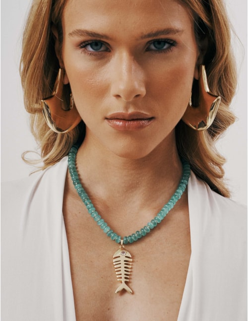 COLAR PEDRA VERDE PINGENTE PEIXE - CO2933VO13