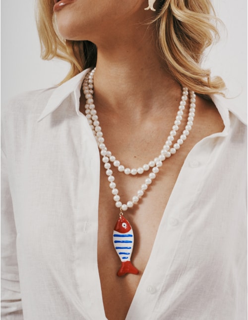 COLAR PEROLA COM PINGENTE PEIXE RESINADO - CO29341VO01